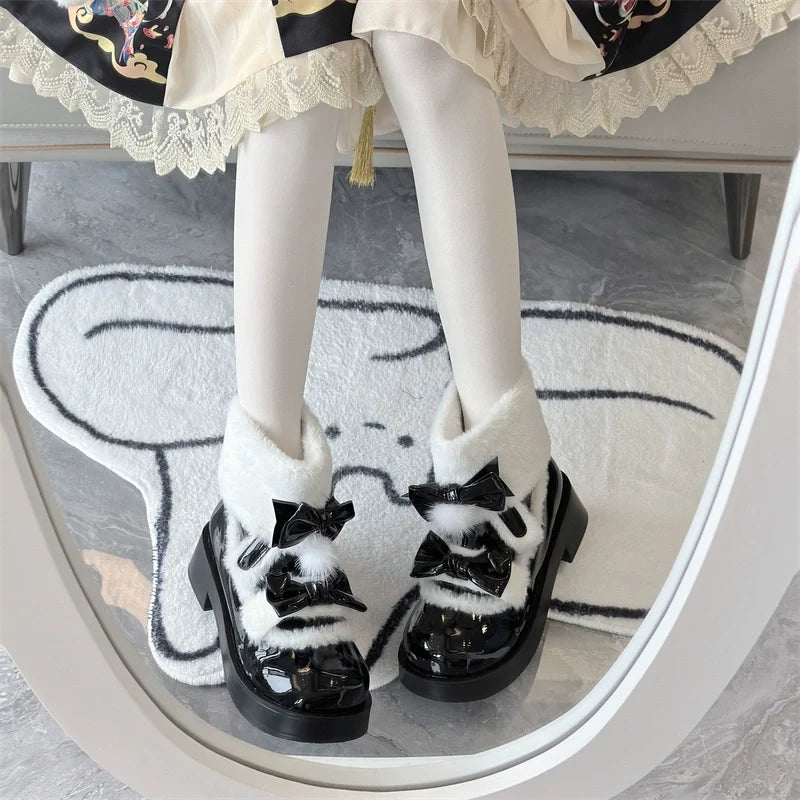 Jiangjiang Biscuit - Kawaii Lolita Winter Boots, Bow-Adorned