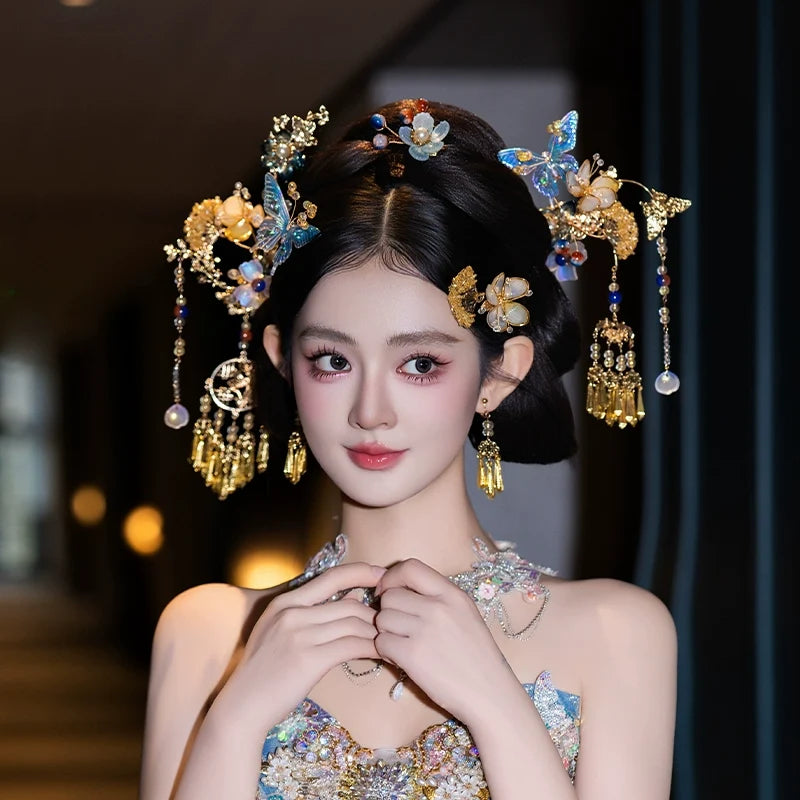 Dreamy Blue Butterfly Bridal Headpiece Chinese Wedding Hair Accessories for Xiuhe and Qun Kwa Bride