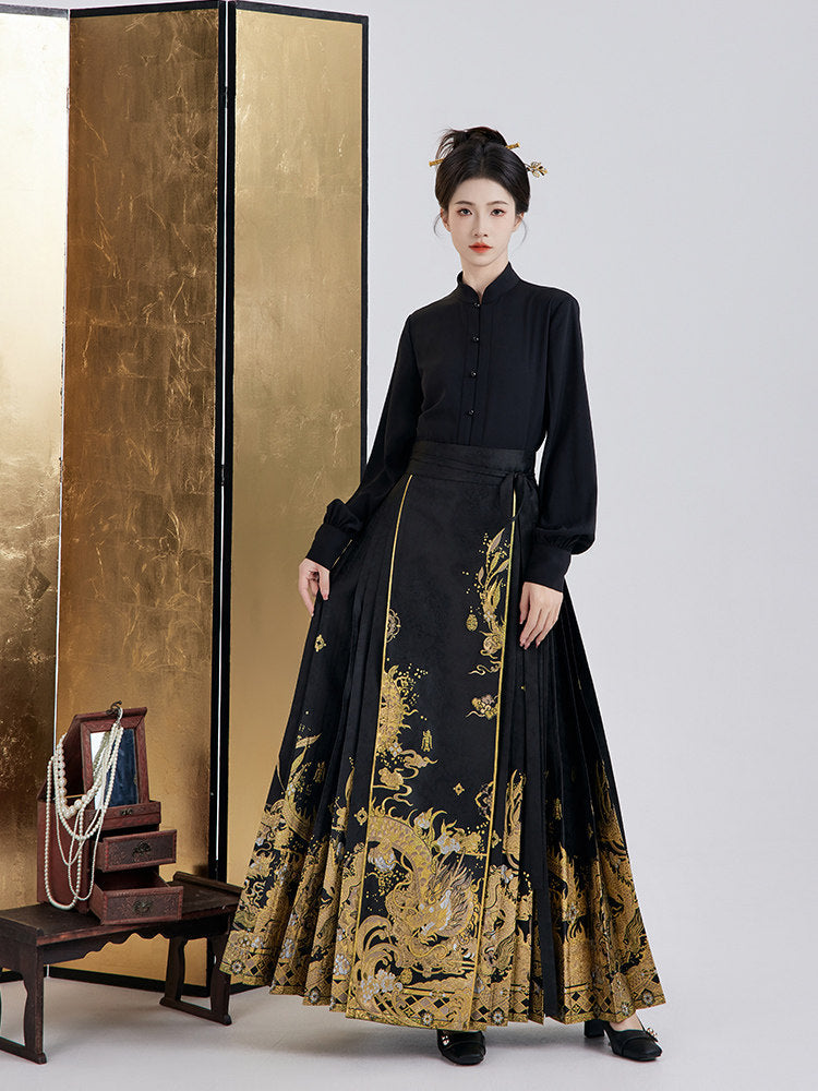 Ming Dynasty Modern Long Sleeve Top and Mamianqun - Midnight Longyin 龙吟夜