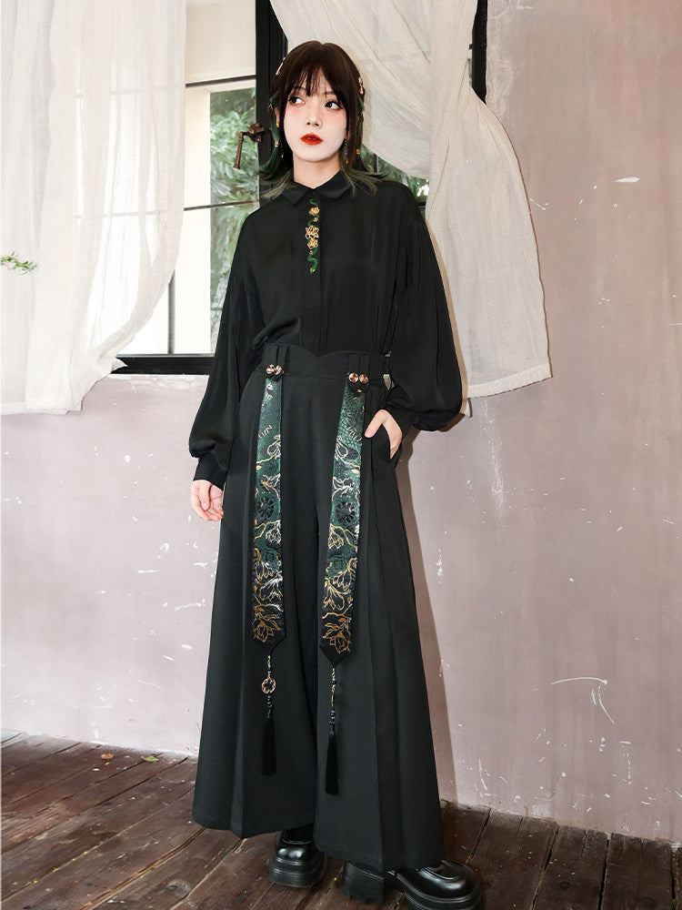 New Chinese Style Gold Snake Pattern Wide Leg Pants - Shengqing 升卿