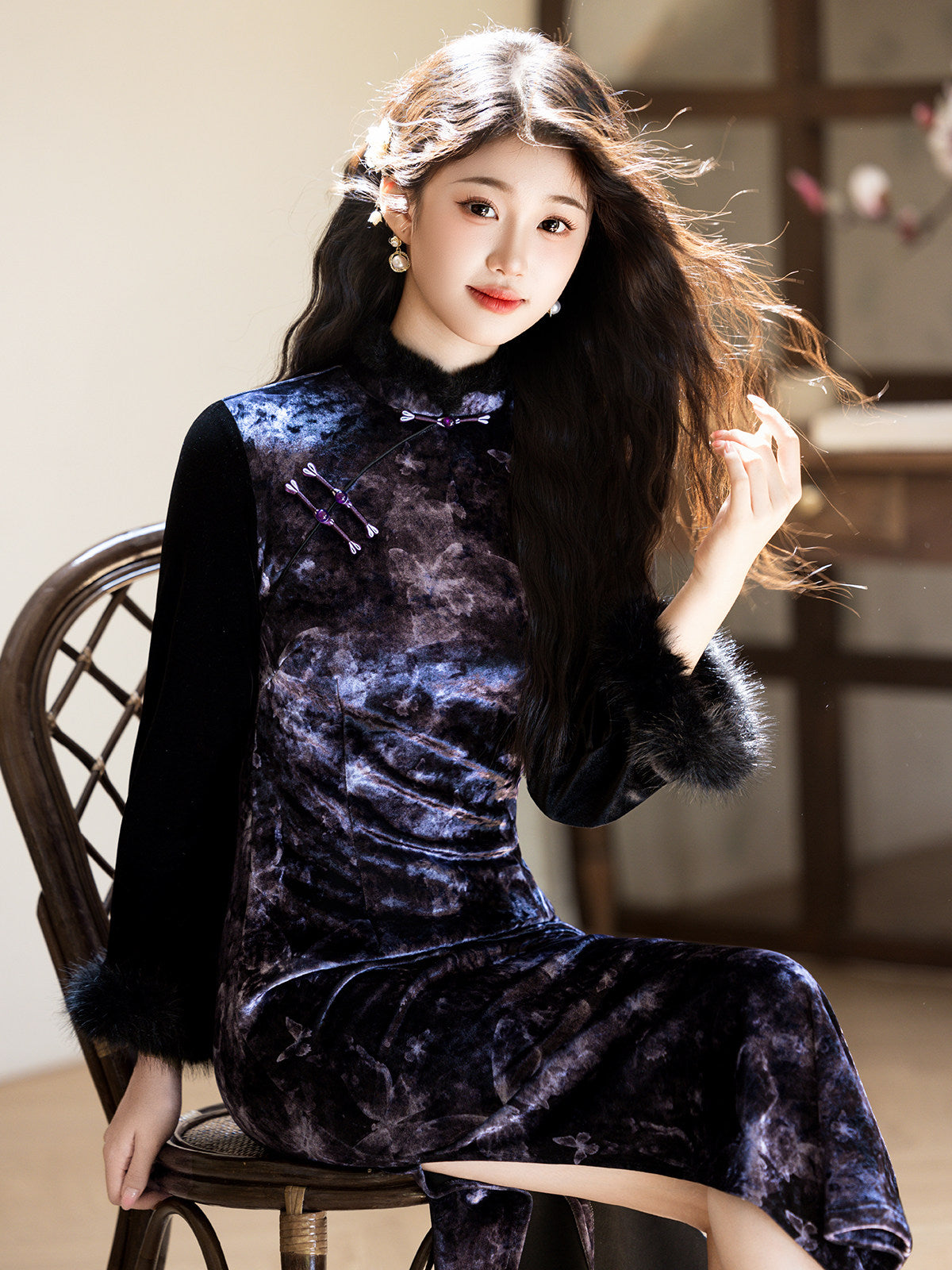 Long Sleeve Fur Trim Midi Qipao | Myth