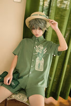 Limited Flowering Time - Retro Green Flower Embroidery Shirt