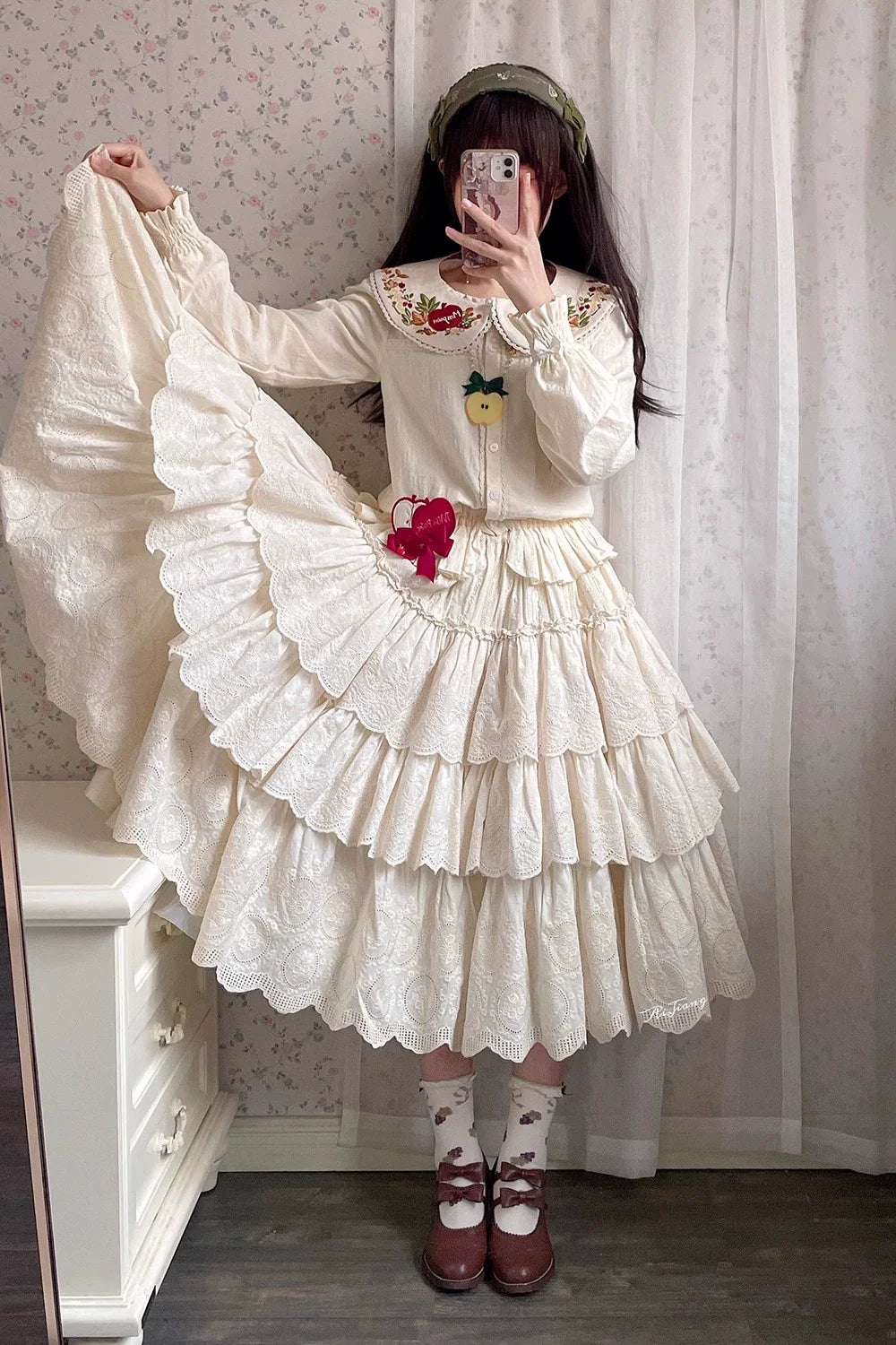 Chubby Fox in the Forest - Customized Lolita Skirt Embroidery Lace Cotton Lolita Skirt