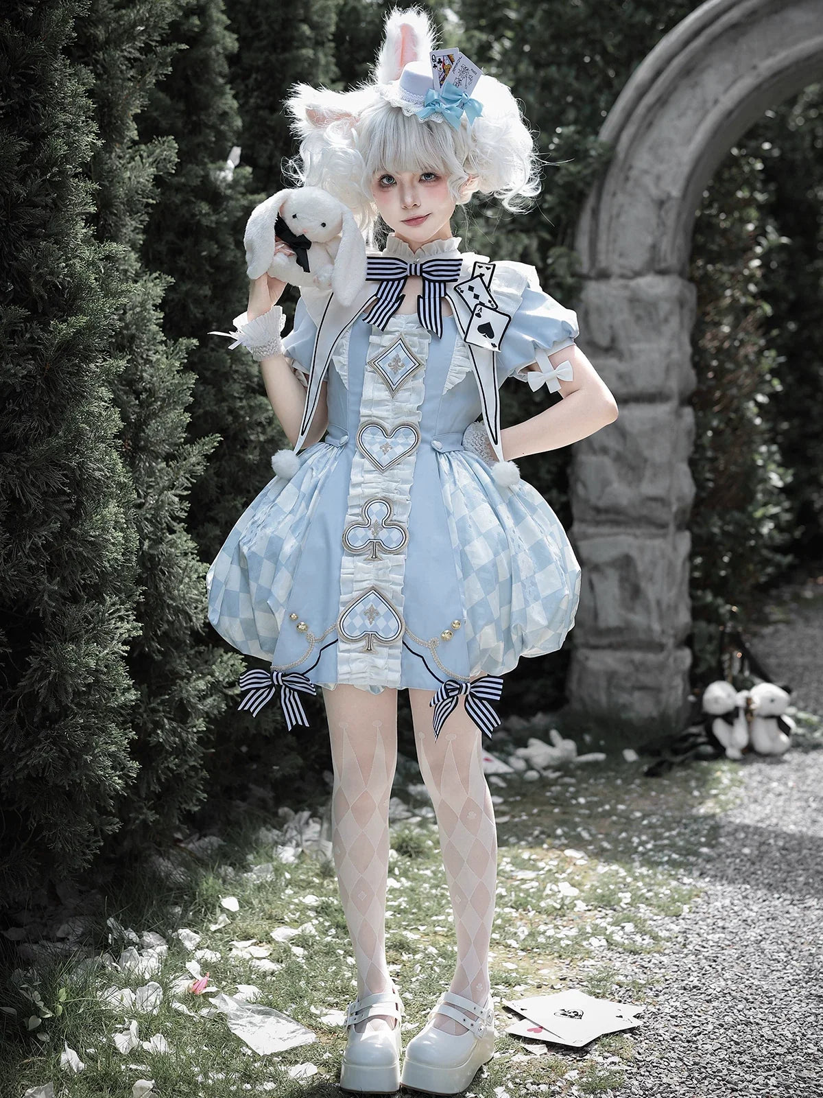 For Alice - Doll-like Lolita Jacquard OP Dress Set, Elastic Bubble Hem