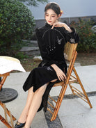 Long Sleeve Fur Trim Midi Qipao | Sliver Butterfly