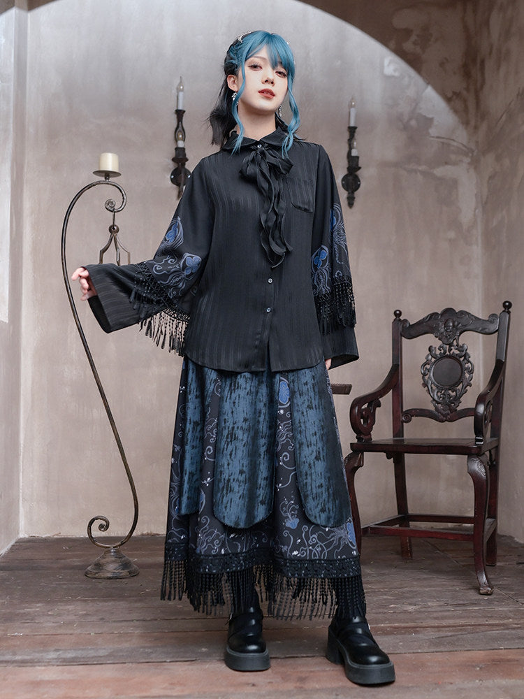 New Chinese Style Multi Layered Strappy Skirt - Blue Tears 蓝眼泪