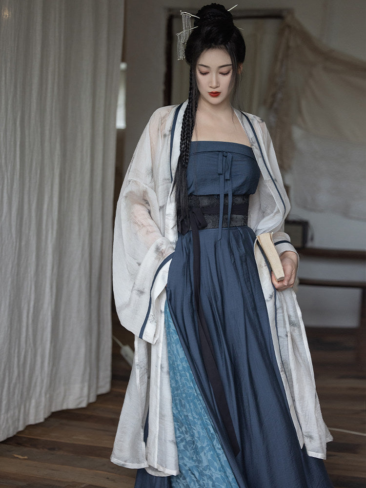 Song Dynasty Modern Hanfu Long Jacket with Wide Leg Pants - Observing Mist 观雾 (Preorder)