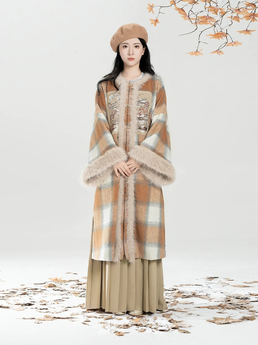 New Chinese Style Women Round-Neck Coat and Pleated Skirt - Evening Breeze and Snow 晚风欲雪 (Preorder)