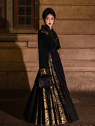 Ming Dynasty Modern Hanfu Black Gold Thread Embroidered Mamian Skirt & Crop Jacket | Niannian 年年
