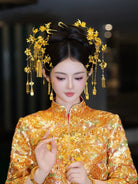 Sparkle - Chinese Bridal Hair Accessories Vintage Gold Tassel Flower Hairpins for Xiuhe and Dragon Phoenix Wedding Dress