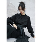New Chinese Style Satin Crane Dark Pattern Long Sleeve Top - Ciyunjian 辞云间