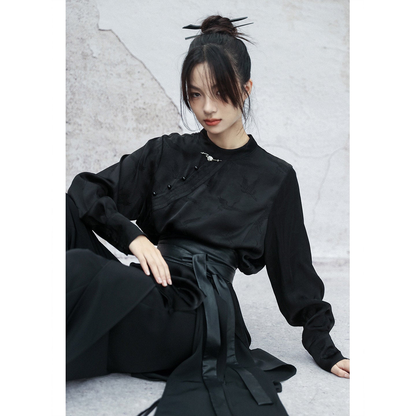 New Chinese Style Satin Crane Dark Pattern Long Sleeve Top - Ciyunjian 辞云间