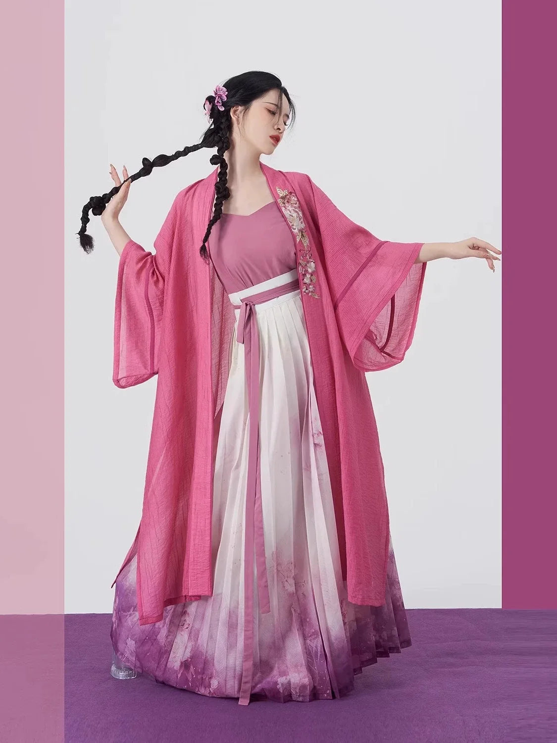 Song Dynasty Modern Hanfu Set with Changgan Temple Beizi and Wrap Skirt - Pink Carved Jade 粉雕玉琢 (Preorder)