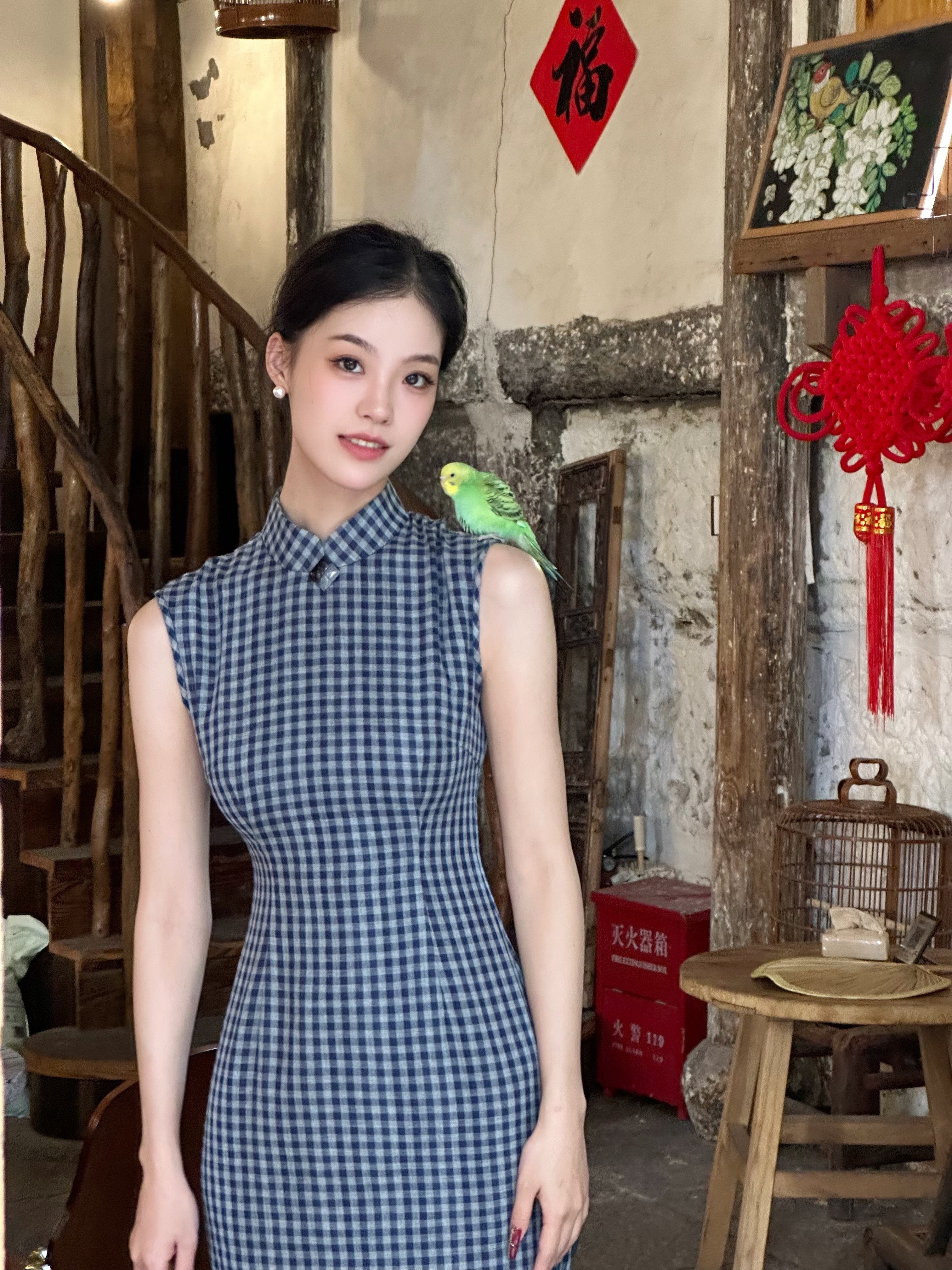 Sleeveless Checkered Long Cheongsam | Muyun