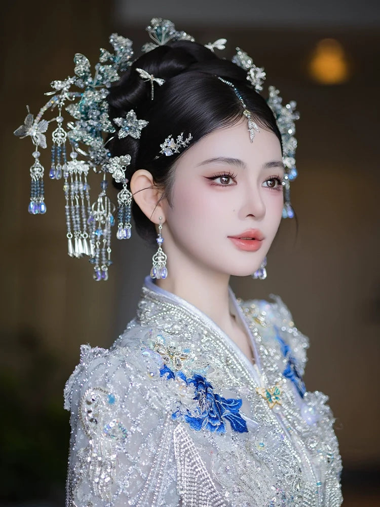 Ocean Petals - Blue Floral Tassel Bridal Hairpin New Chinese Wedding Hair Accessories for Xiuhe, Hanfu, and Cheongsam Bride