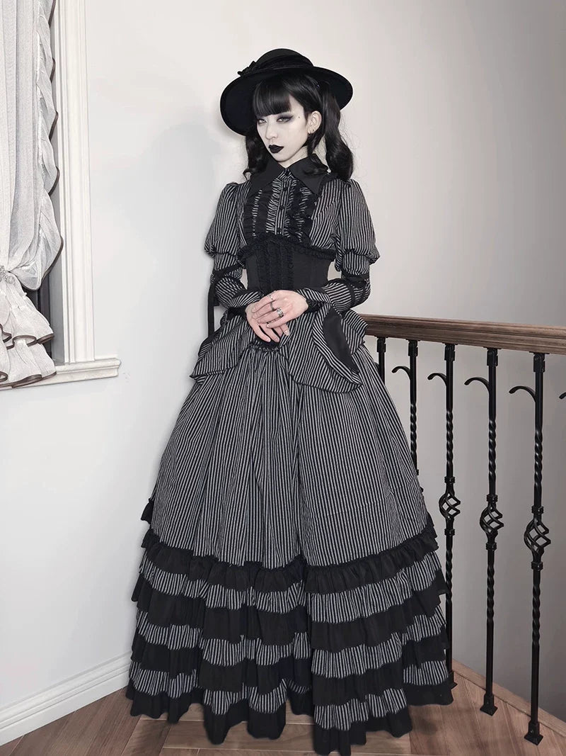 Striped Wednesday - Gothic Lolita Striped Blouse Set, Ruffled Corset