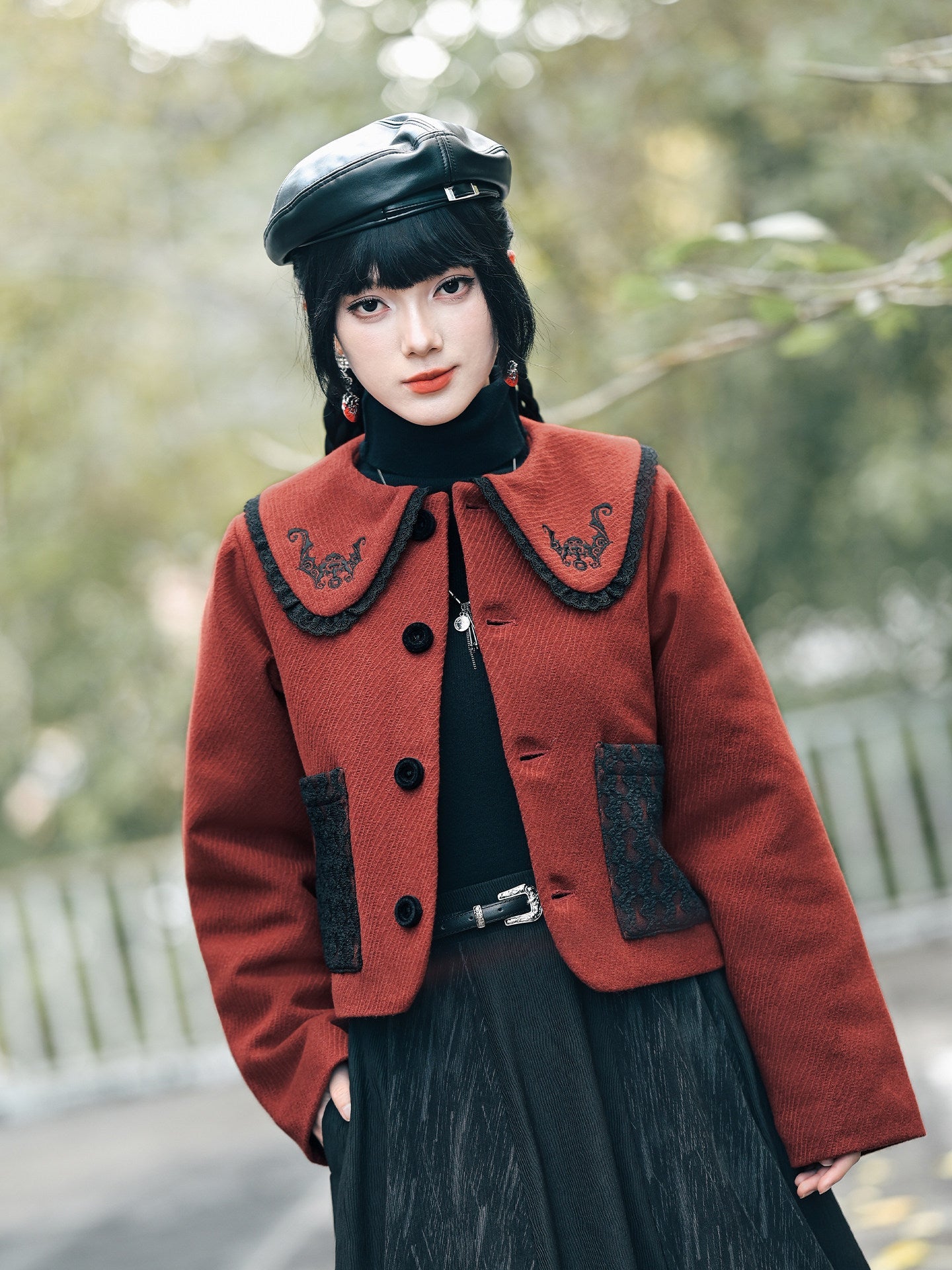 New Chinese Style Red and Black Doll Collar Short Jacket - Lucky Bat 福蝠
