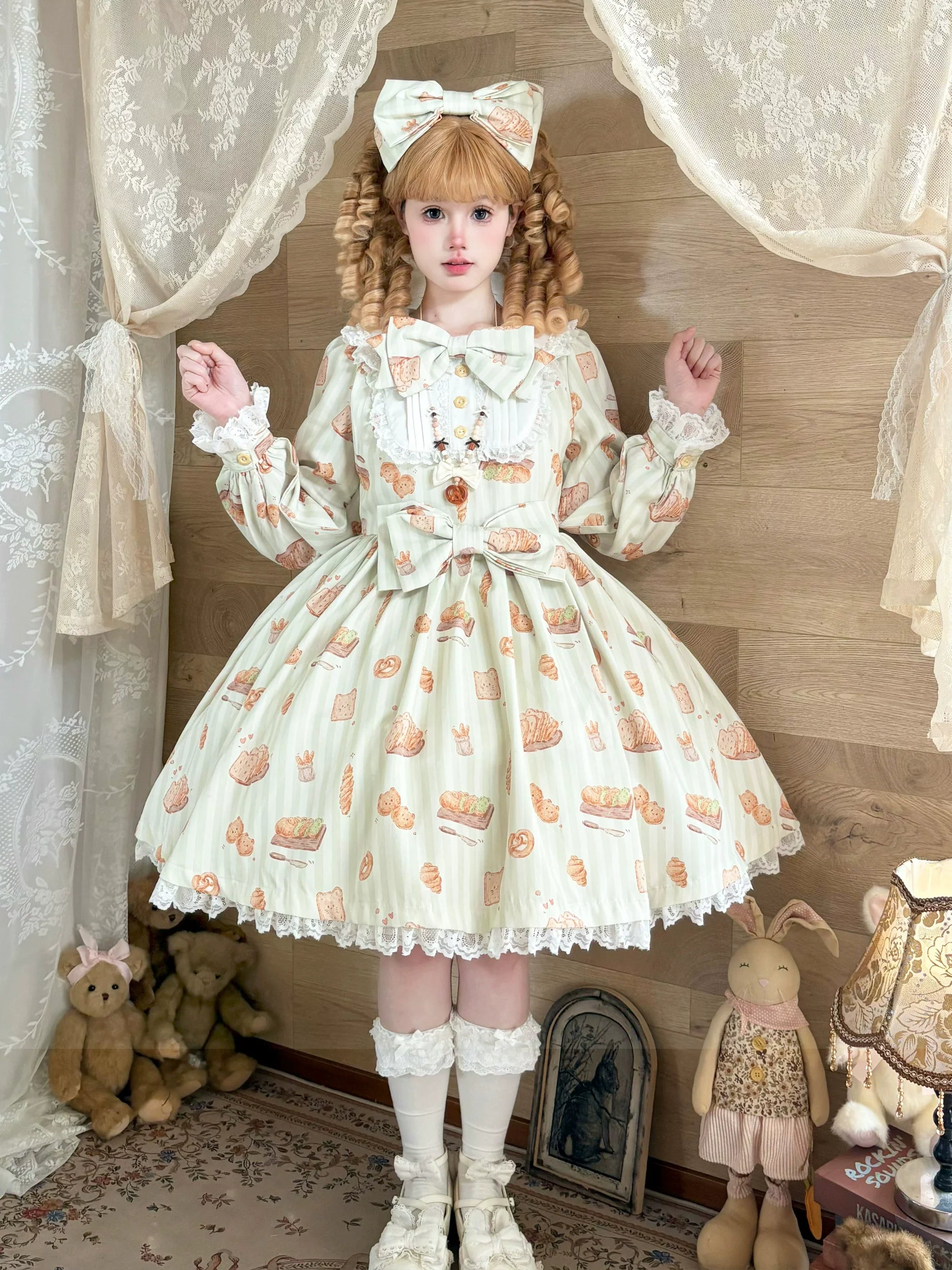 Kitten Bread - Sweet Lolita OP Dress, Cat & Bread Print