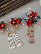Xiuhe Bridal Hair Accessories - Red Flowers & Blue Leaves Hanfu Wedding Hairpin Set