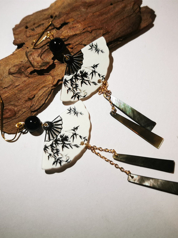 Ink Leaves Fan Shaped Earrings | Cheongsam Jewelry