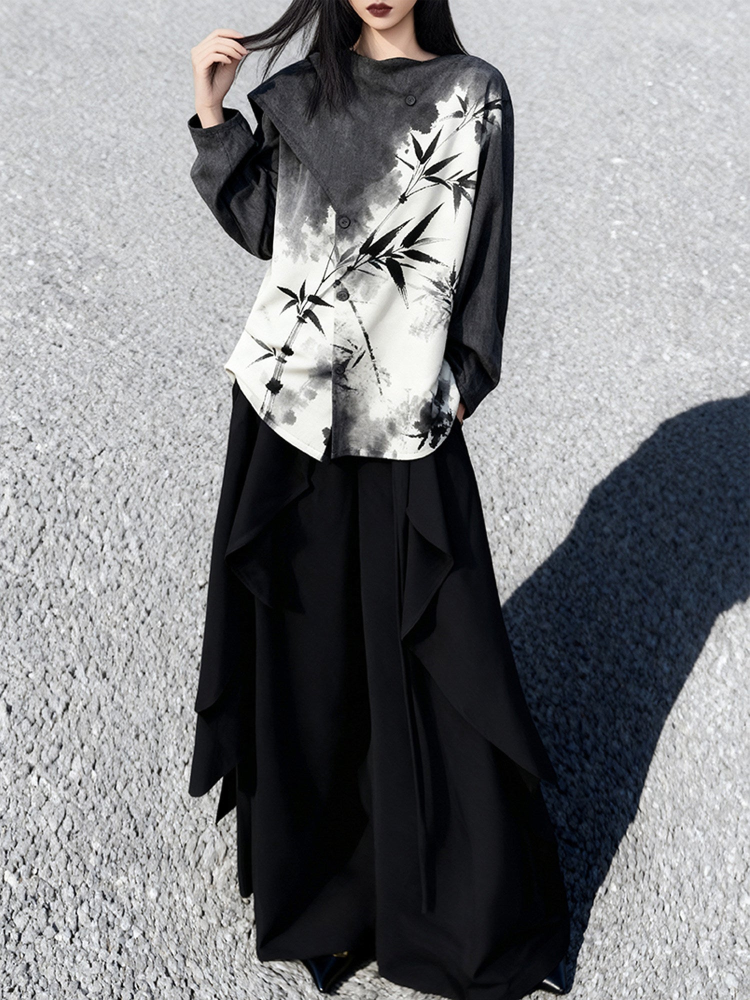 New Chinese Style Black and White Bamboo Prints Long Sleeve Top - Zhuye 竹叶