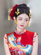 Phoenix Bloom - Chinese Bridal Hair Accessories Set Luxury Gold Dragon Phoenix Tassel Hairpins for Xiuhe and Qun Kwa Wedding Dress