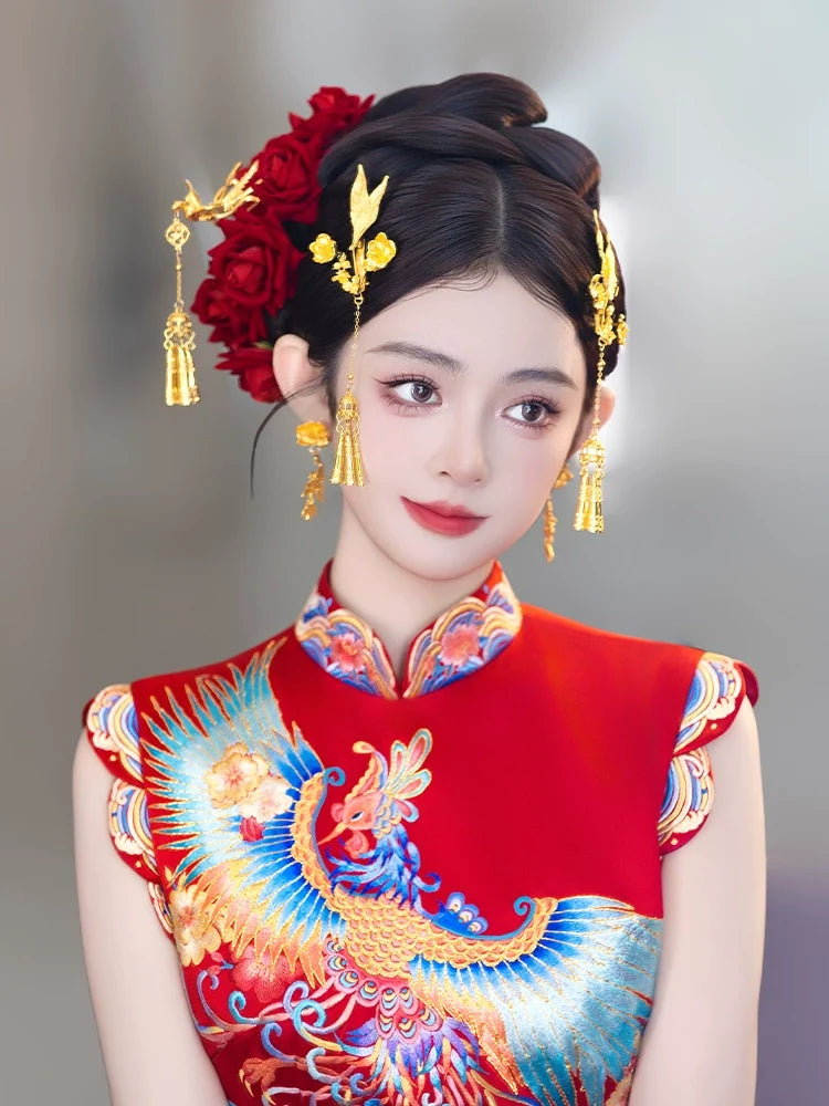 Phoenix Bloom - Chinese Bridal Hair Accessories Set Luxury Gold Dragon Phoenix Tassel Hairpins for Xiuhe and Qun Kwa Wedding Dress