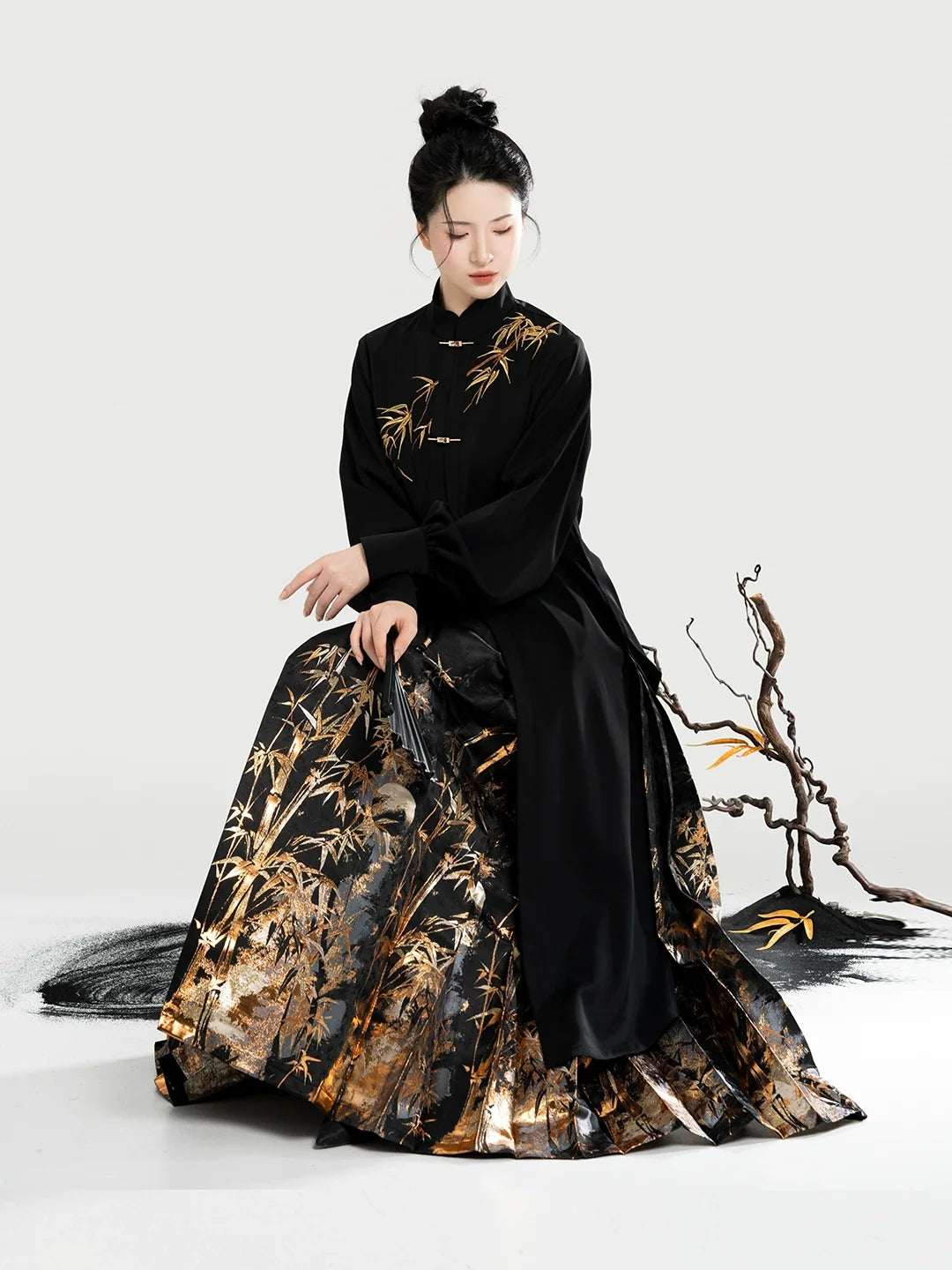 Chinese Blouse & Mamian Skirt Outfit | Golden Bamboo Ink 金墨竹