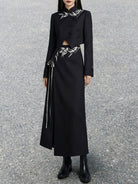 New Chinese Style Black Bamboo Leaf Print with Irregular Hem Crop Suit and Slit Skirt (Preorder)