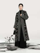 New Chinese Style Wool Coat Magpie & Plum Blossom Silver Woven Overcoat - Hanzhi 寒至 (Preorder)