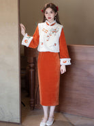 Long Sleeve Fur Trim Qipao and Vest | Persimmons