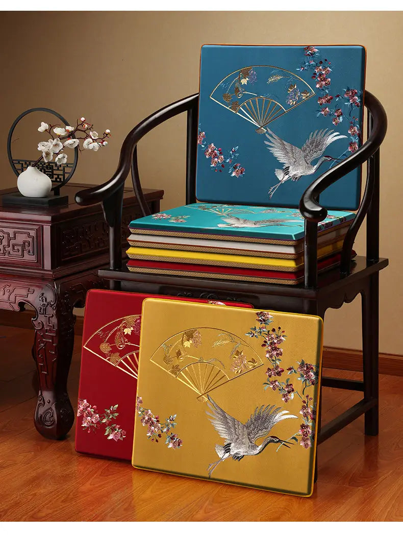 Oriental Embroidered  Satin Chair Cushion Pad| Crane Bird