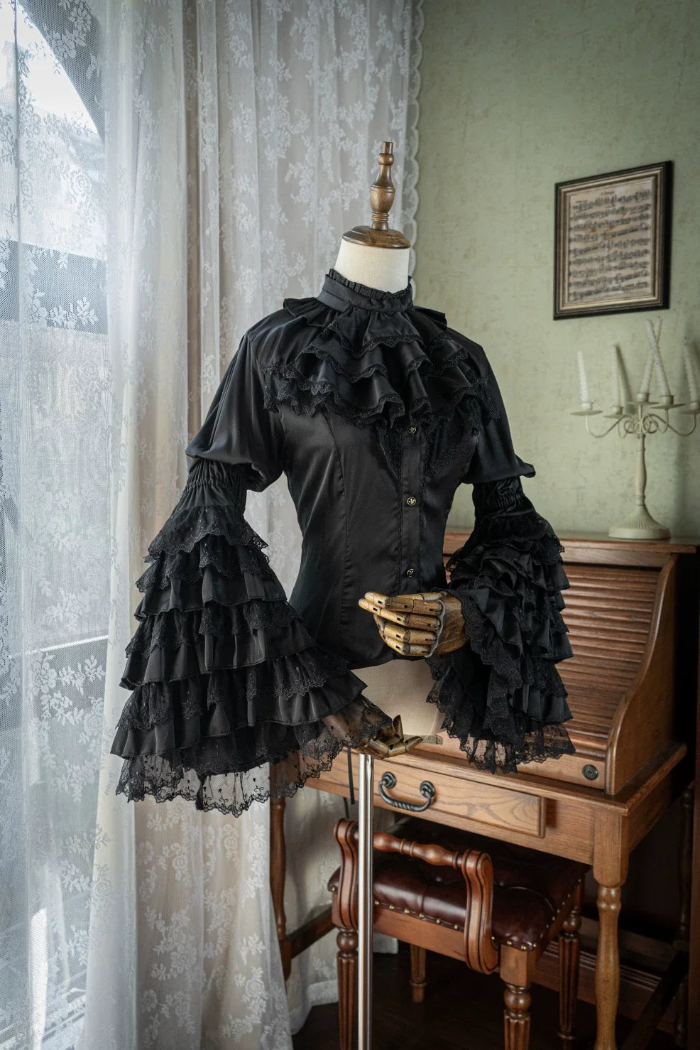 Dark Night - Gothic Lolita Hime Sleeve Blouse, Detachable Jabot
