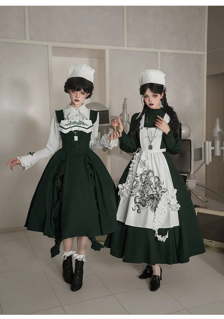 Abyss Clinic - Gothic Lolita Green Dress Set, Embroidery Accent