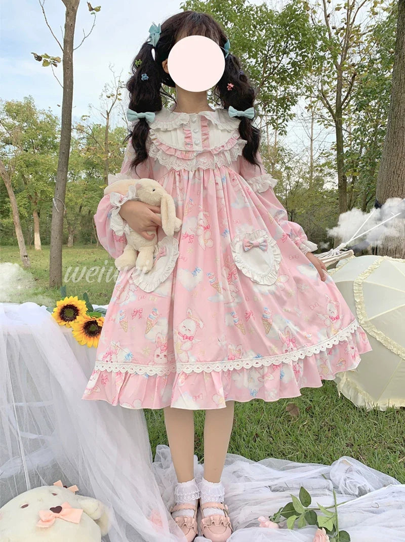 Sweet Soft Bunny - Printed Sweet Lolita OP Dress, Bunny Ears