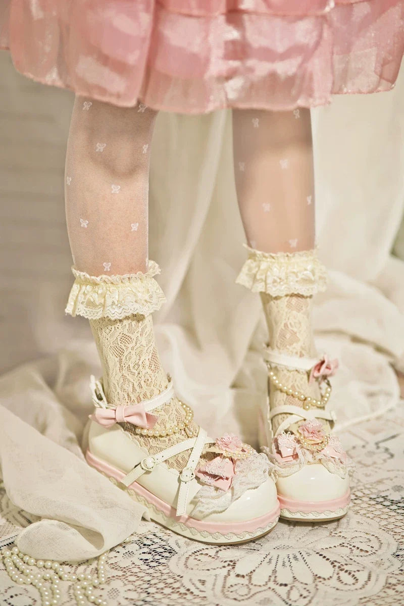Pearl Floral Reverie - Sweet Lolita Shoes, Detachable Pearl Chain and Floral Accent