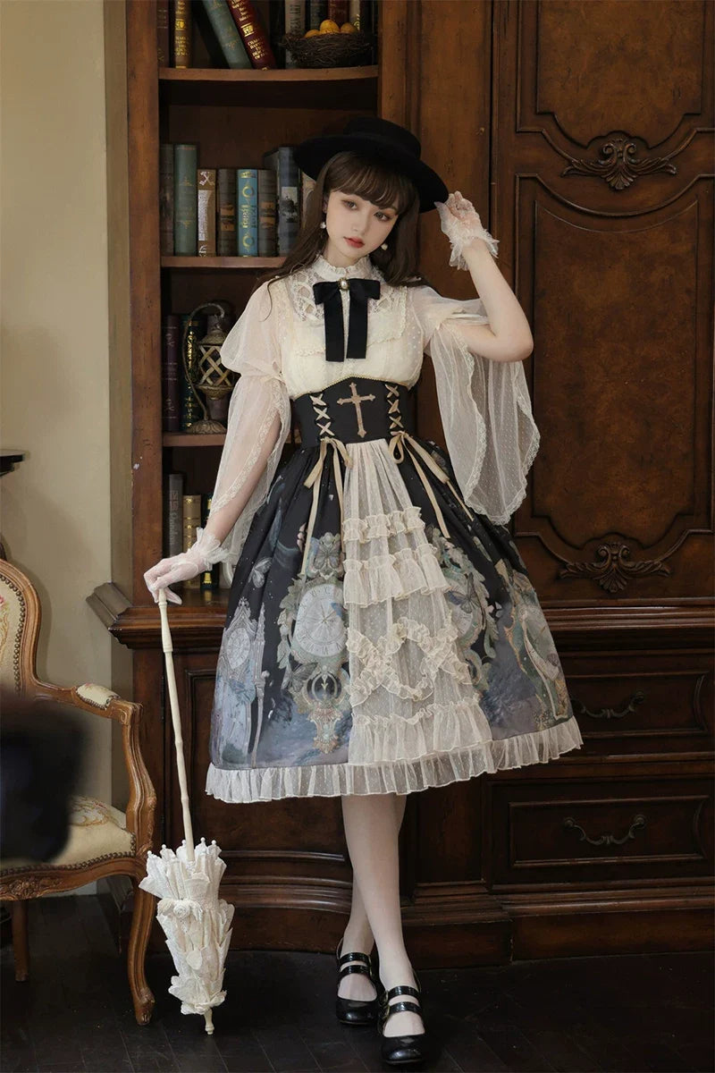 Clock Butterfly - Gothic Lolita Printed Blouse and Corset Skirt Set