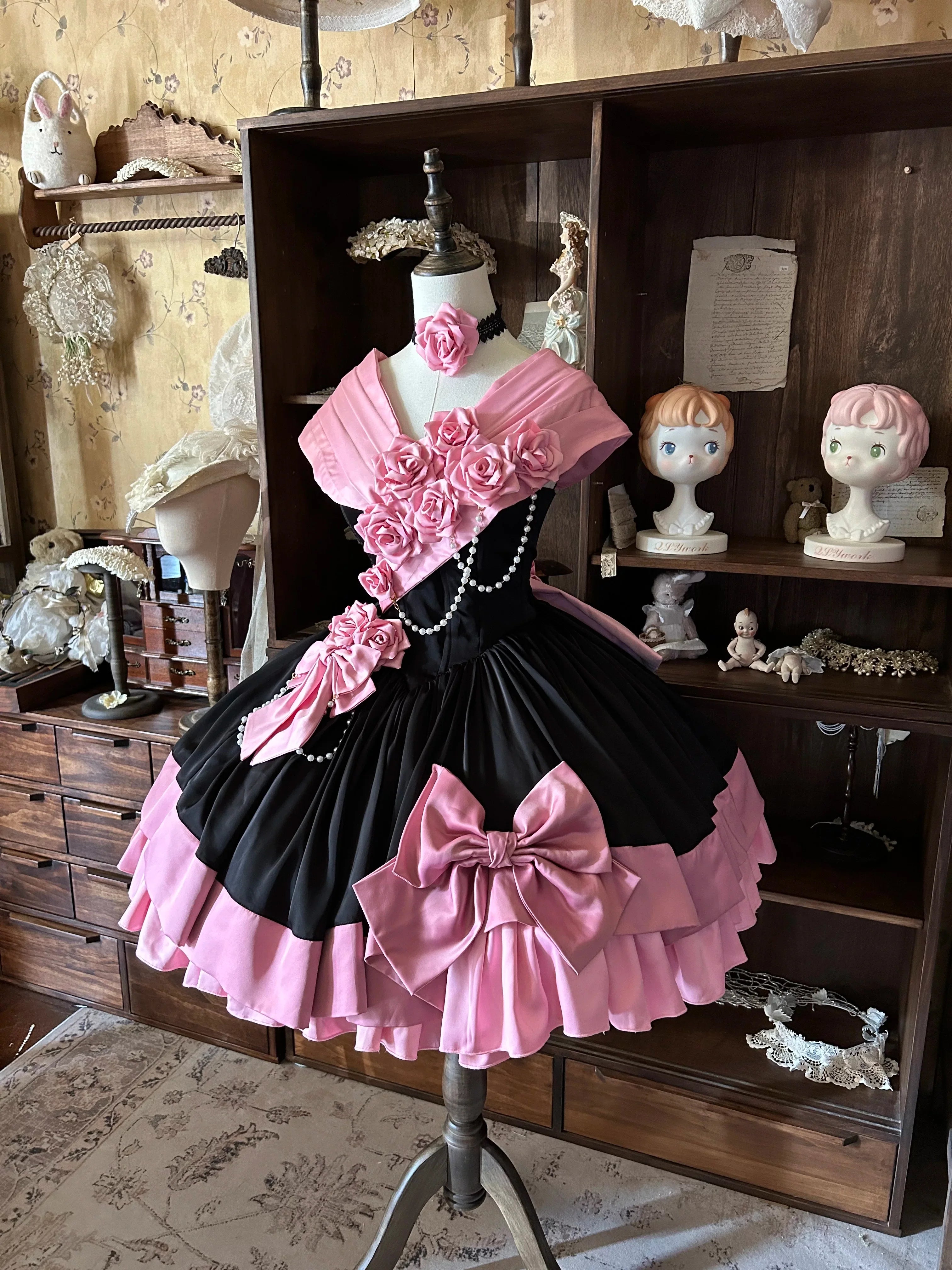 Casket Rose - Elegant Lolita Satin Corset Dress with 3D Pink Roses