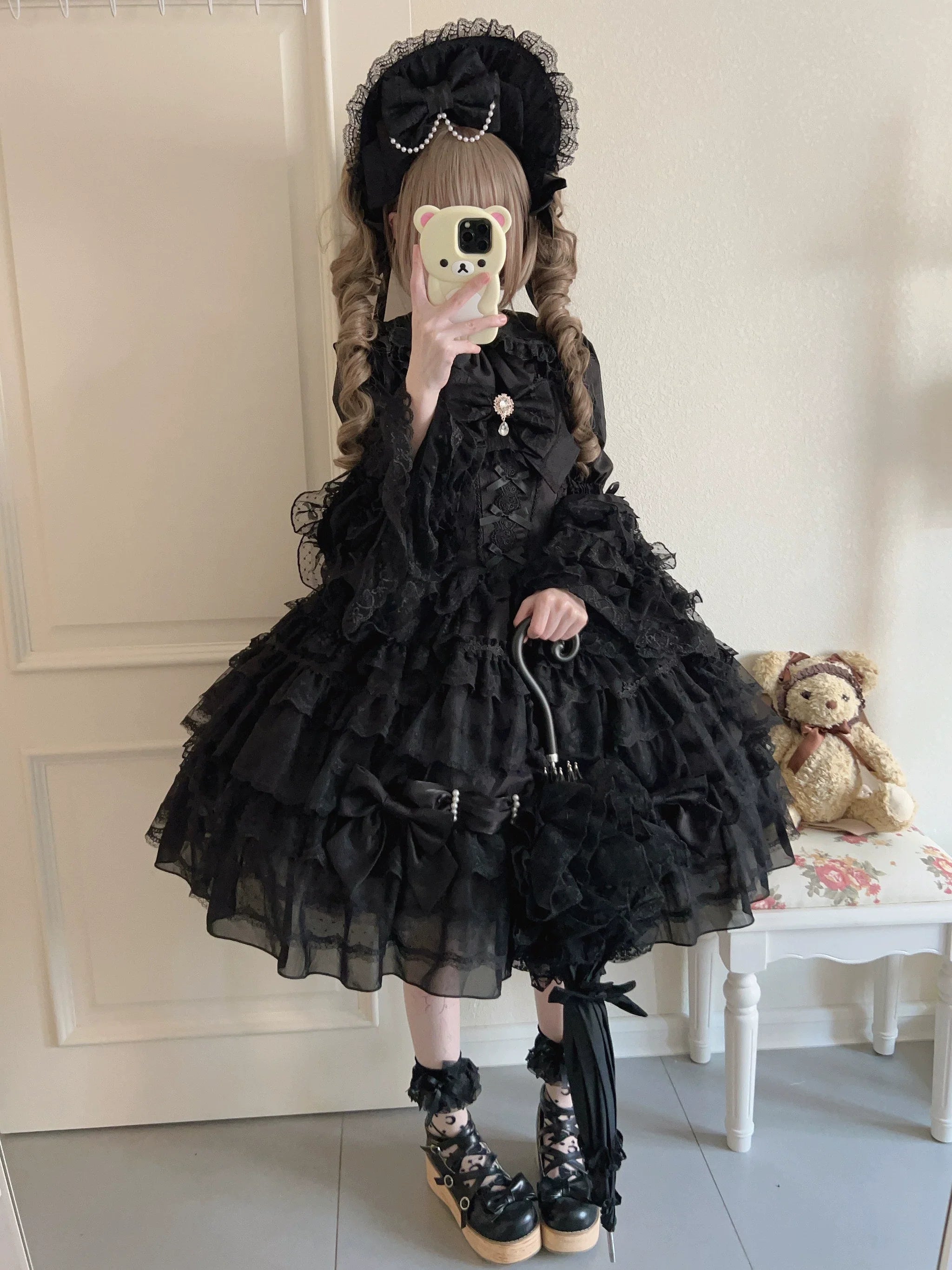 Dream Prelude - Dreamy Princess Lolita JSK Dress Suit, Tiered Lace Black
JSK + Back Trailing Bow S