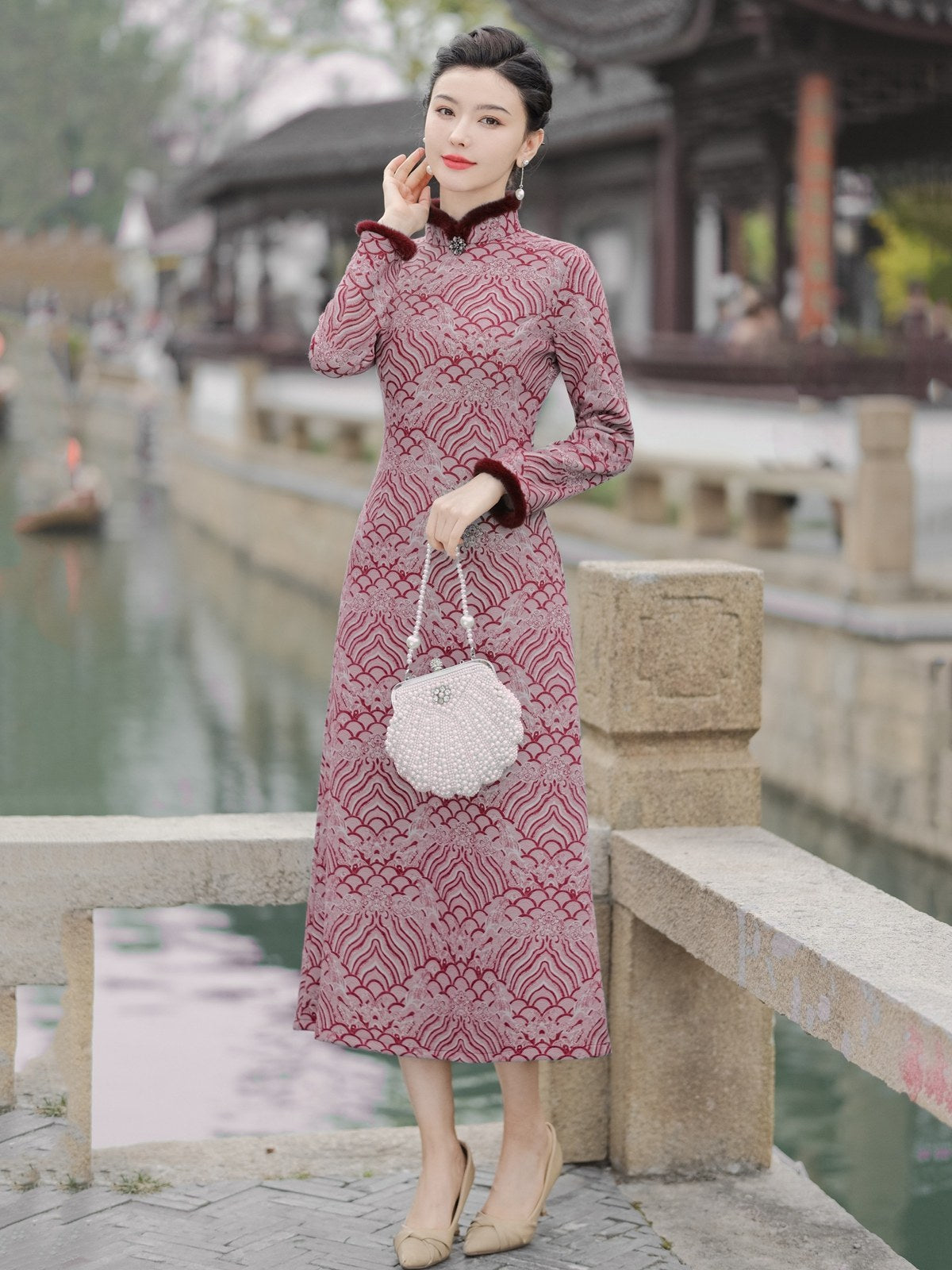 Long Sleeve Fur Trim Oriental Clouds Qipao | Winter Windows