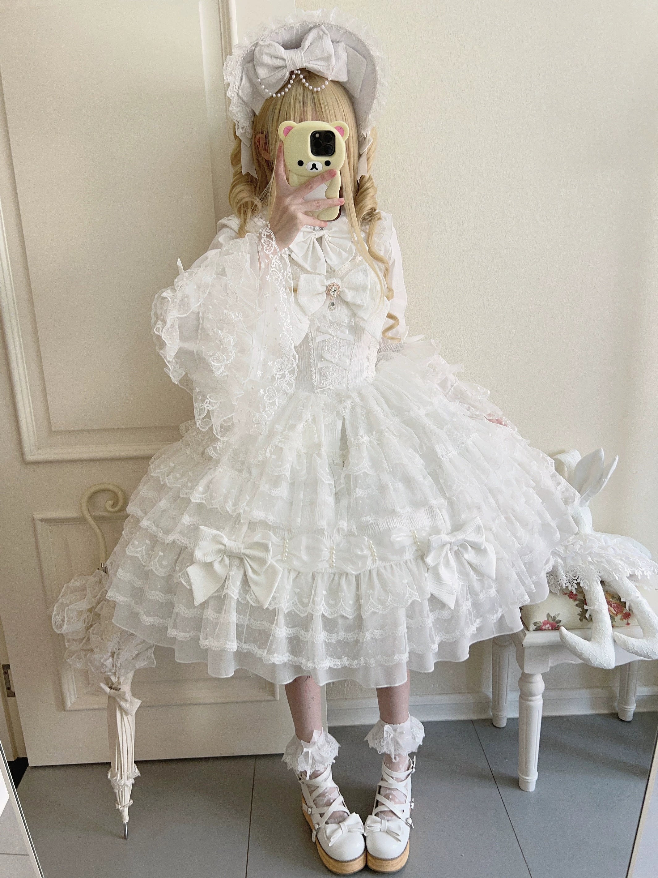 Dream Prelude - Dreamy Princess Lolita JSK Dress Suit, Tiered Lace Black
JSK + Back Trailing Bow S