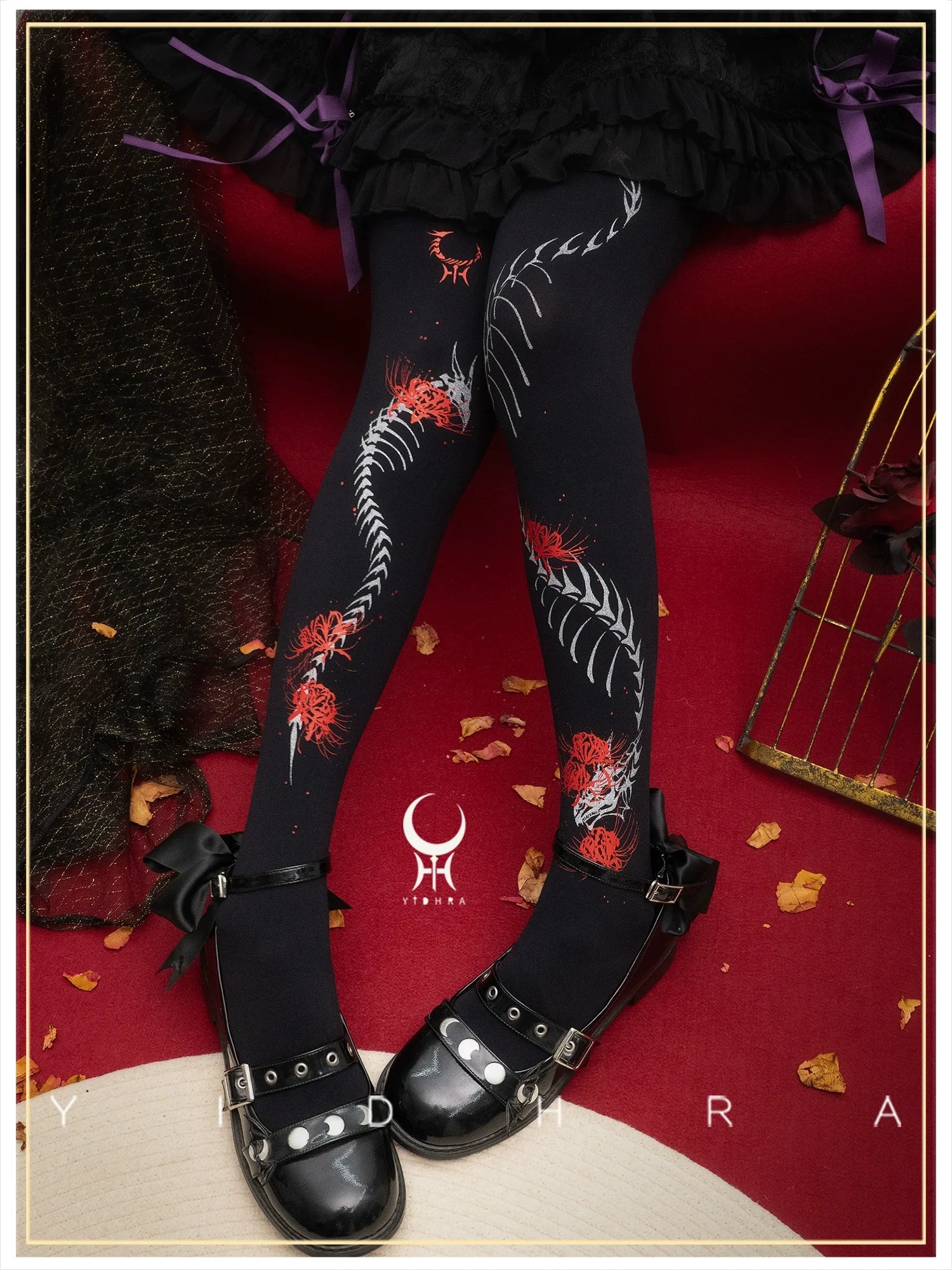 Dragon Abyss - Halloween Gothic Lolita Pantyhose, Red Spider Lily Print