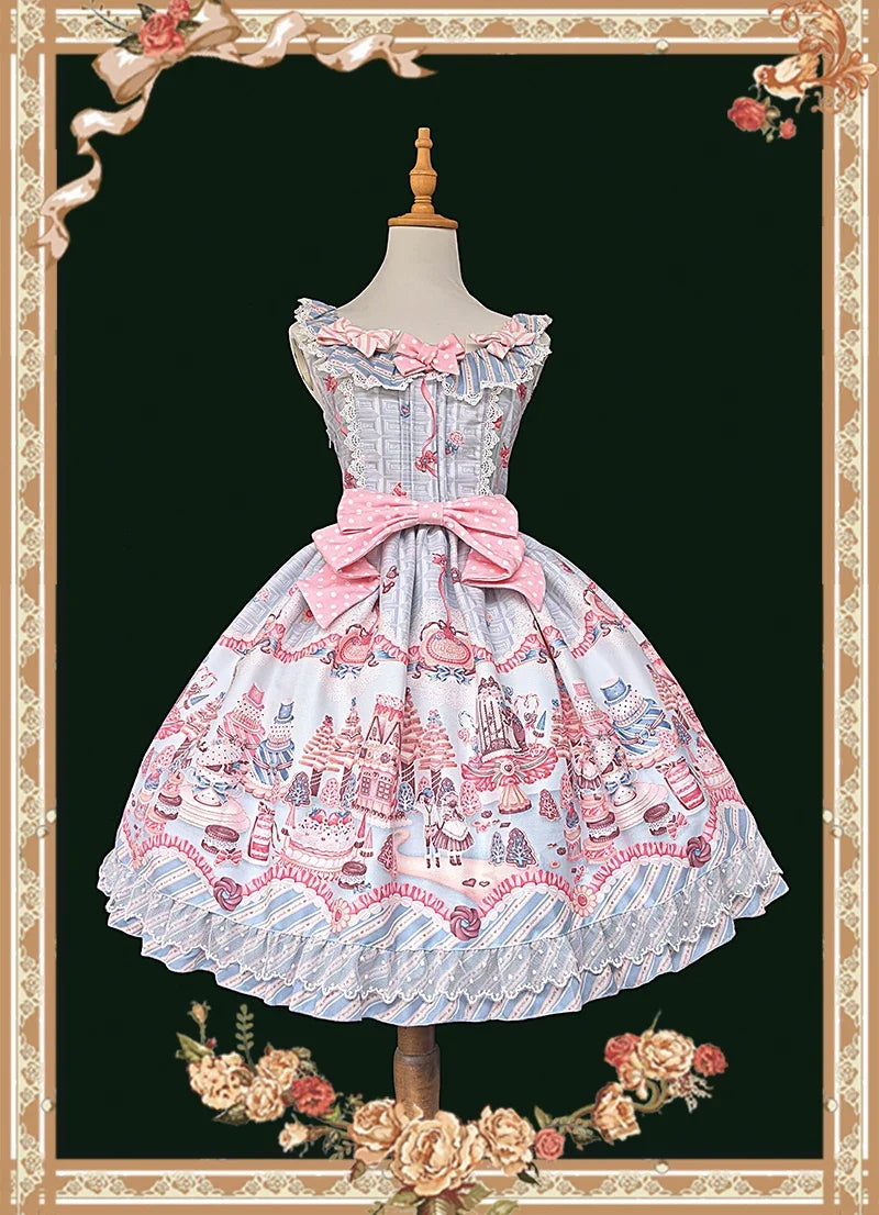 Candy House - Old School Lolita Cake Print JSK Dress, Side Zipper