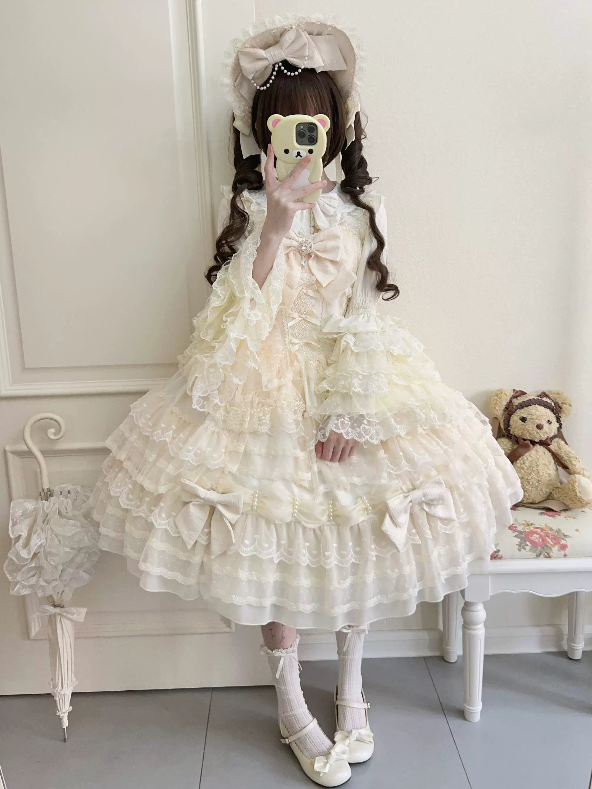 Dream Prelude - Dreamy Princess Lolita JSK Dress Suit, Tiered Lace Black
JSK + Back Trailing Bow S
