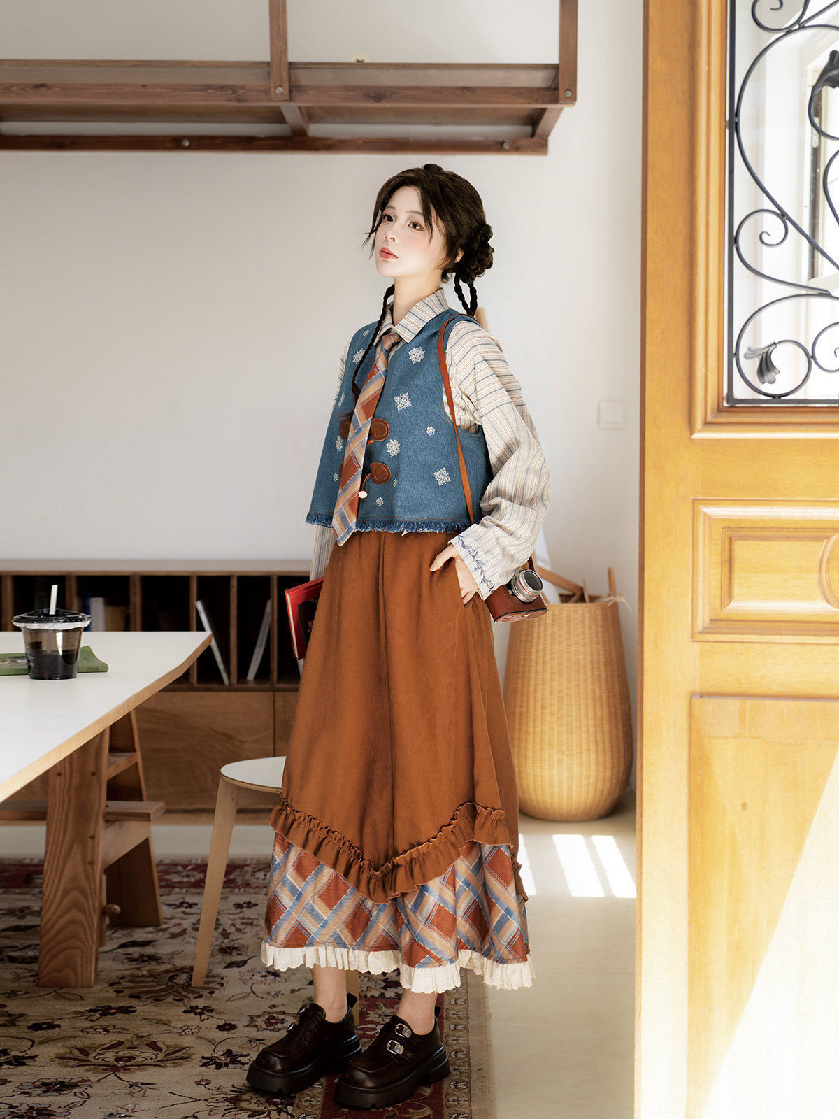 New Chinese Style Long Sleeve Top and Elastic Skirt with Pockets - Sea Salt Mocha 海盐摩卡