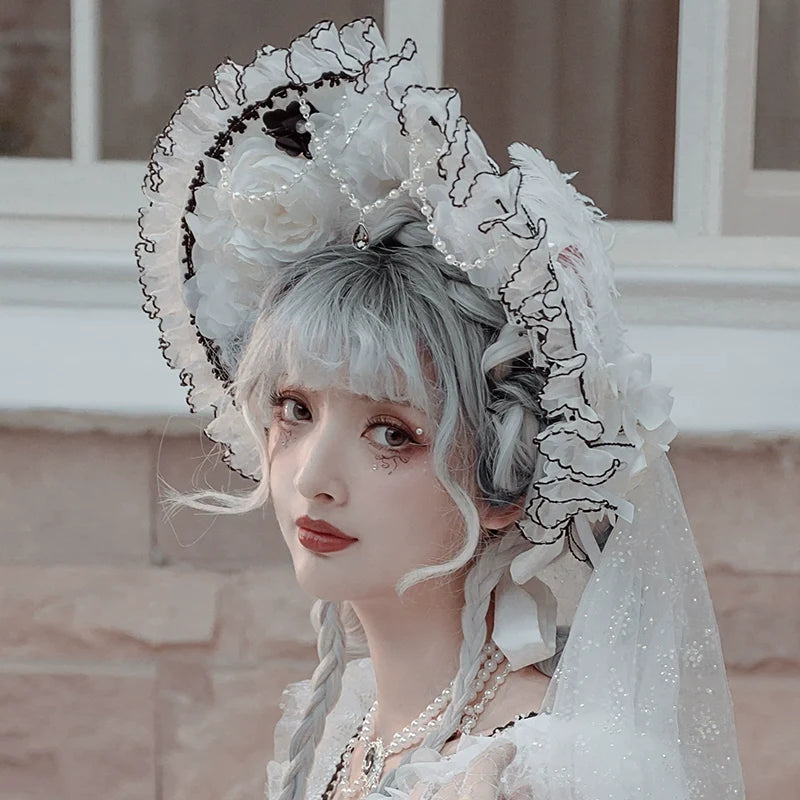 Dark Starry Night - Wedding Lolita Bonnet Bridal Mesh Gloves and Necklace
