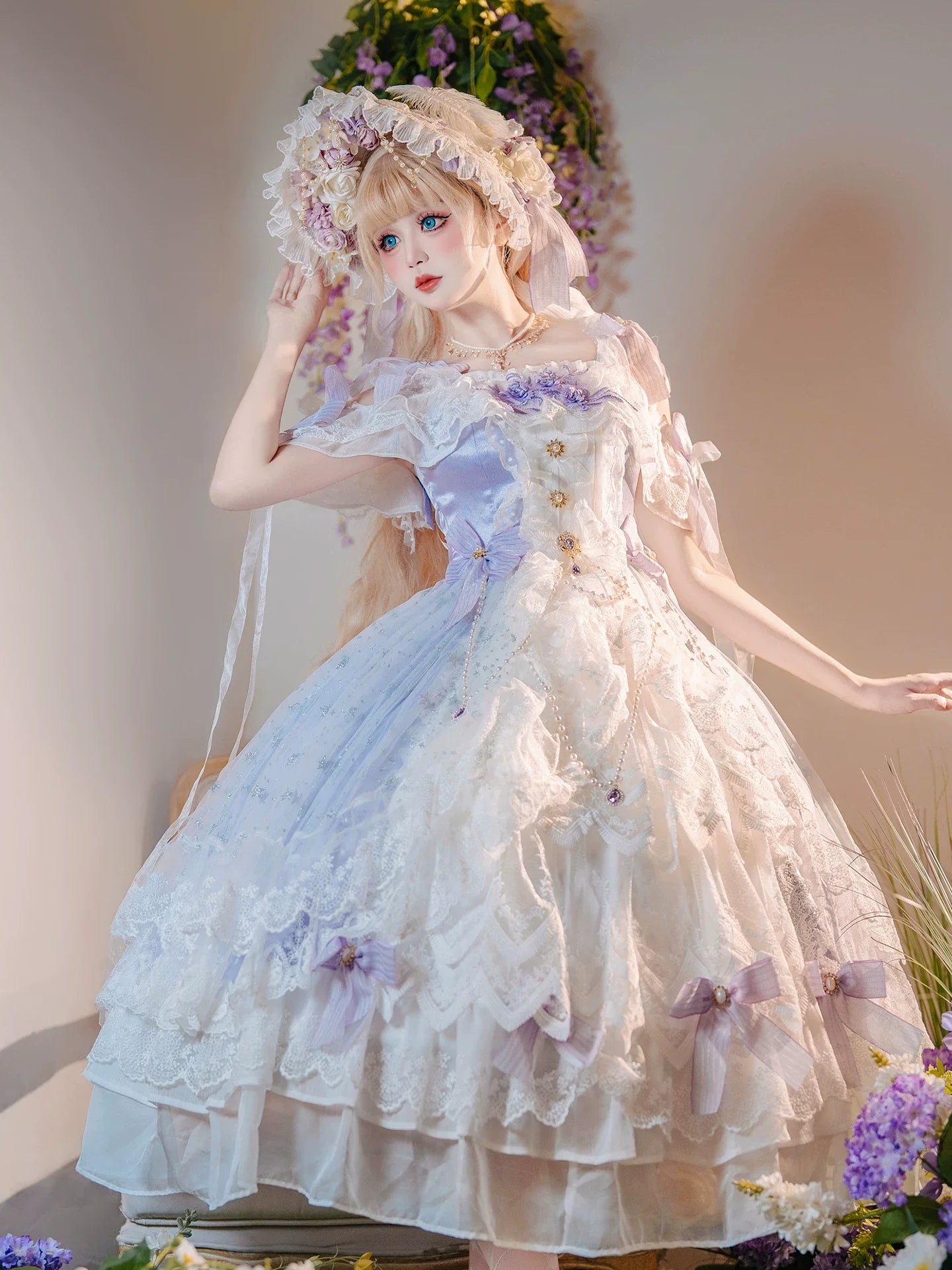 Liuli Phantom - Plus Size Classic Bridal Lolita JSK Dress, Layered Lace Hem