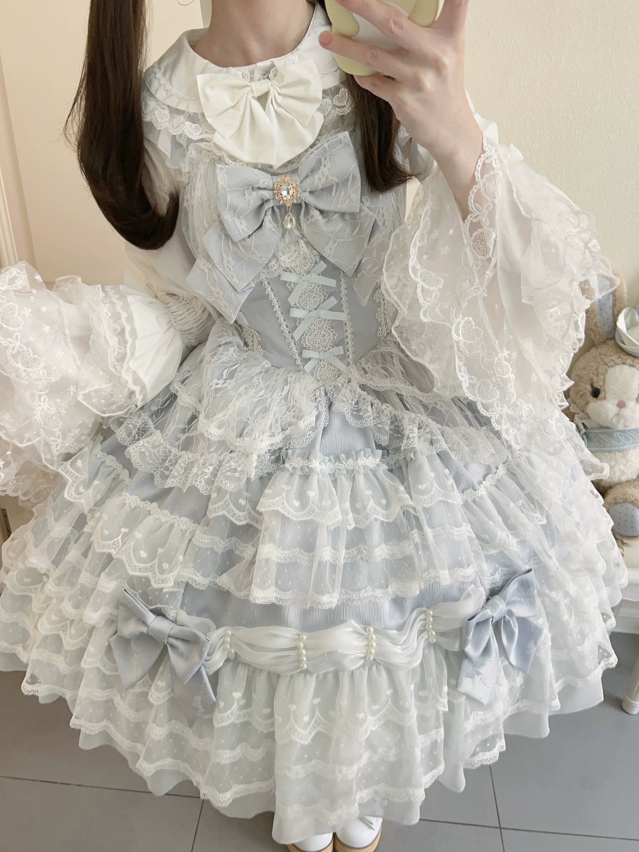 Dream Prelude - Dreamy Princess Lolita JSK Dress Suit, Tiered Lace Black
JSK + Back Trailing Bow S