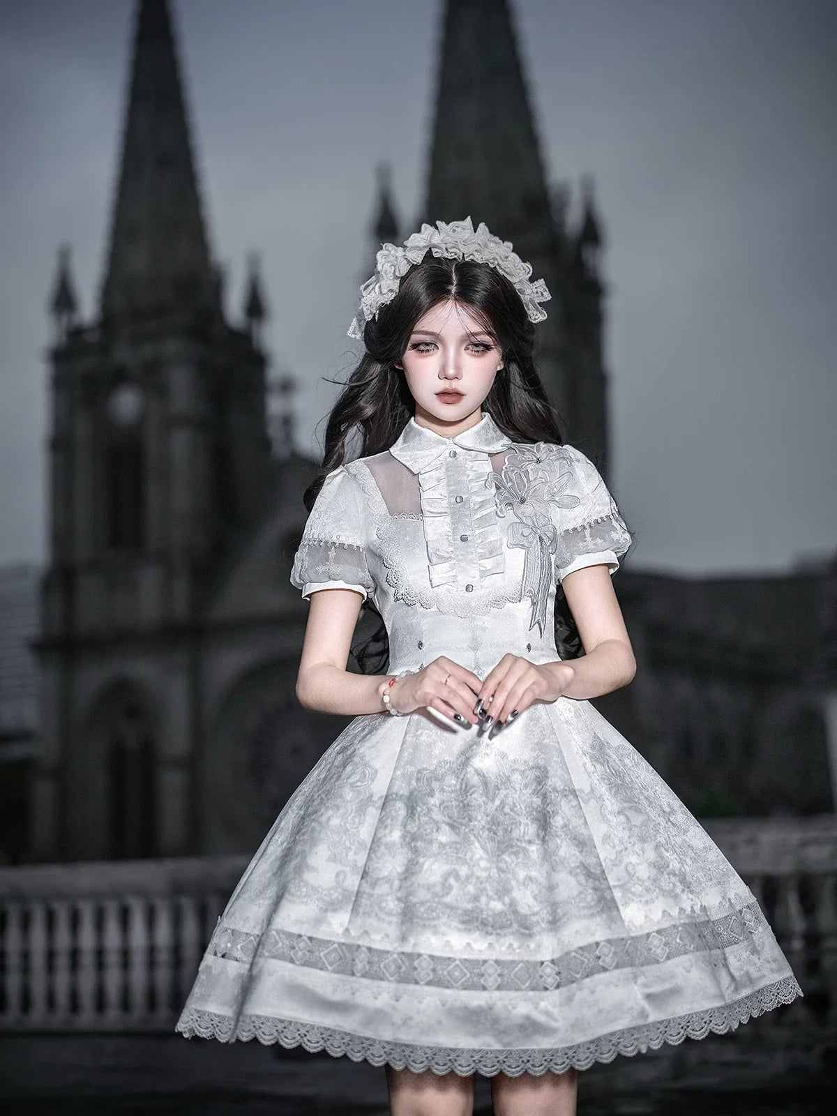 White Classic Lolita Printed OP Dress with Cross