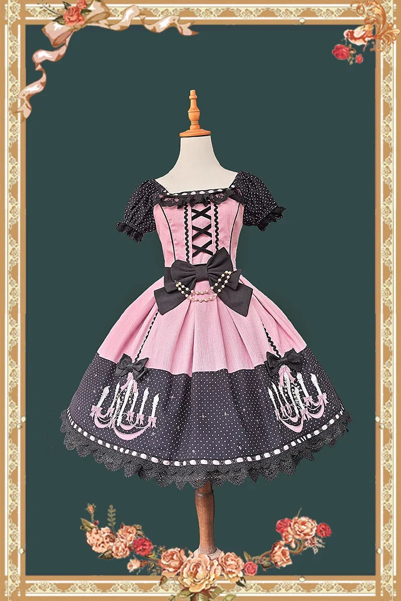 Chandelier - Old School Lolita OP Dress, Polka Dot, Chandelier Print
